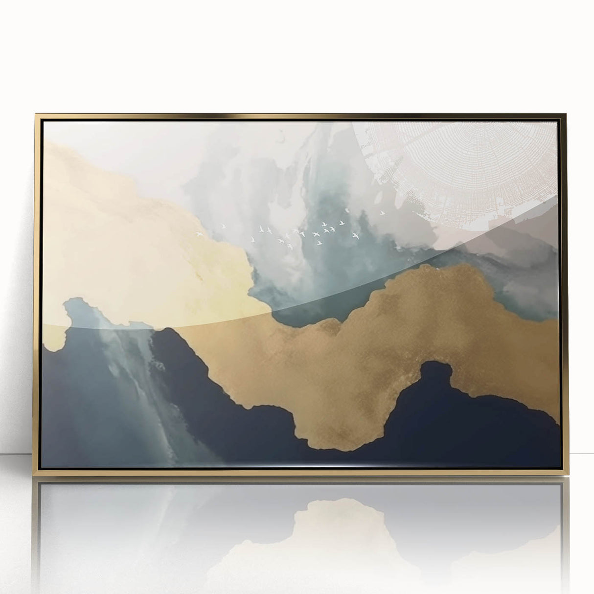 Colorful abstract wall art print with vibrant shapes and textures, ideal for modern home decor, showcasing a blend of blue, orange, and green hues.