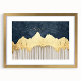 Vibrant abstract canvas artwork showcasing swirling blue and gold patterns, ideal for modern home decor or artistic framing options.