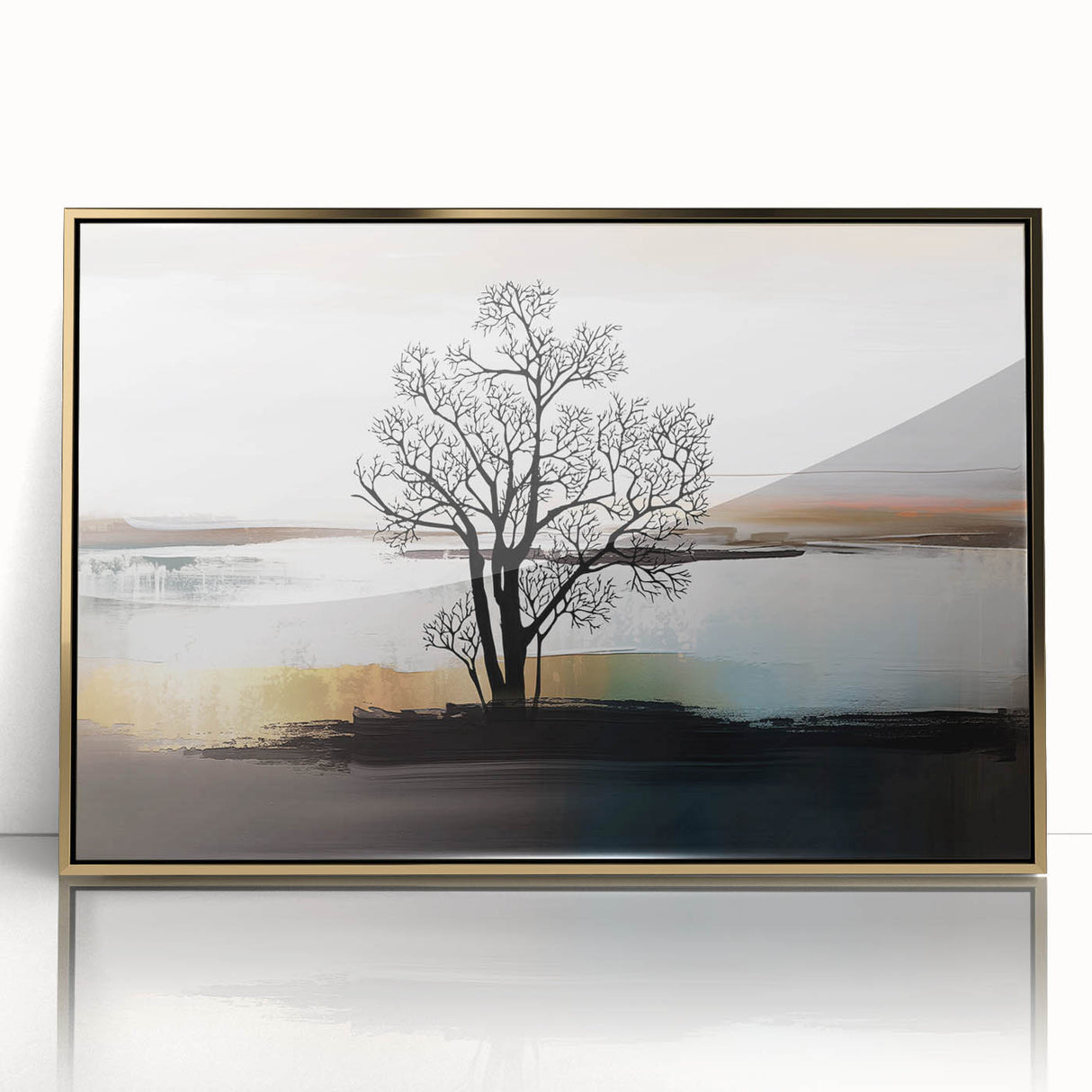 Abstract wall art canvas print showcasing vibrant colors and fluid shapes in shades of blue, orange, and yellow, enhancing modern decor.