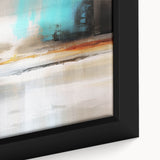 Abstract wall art canvas print featuring vibrant colors and dynamic shapes, ideal for modern decor, showcasing a blend of orange, blue, and yellow tones.