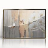 Abstract wall art canvas in vibrant colors, featuring geometric patterns and fluid shapes, rolled and ready for display, emphasizing modern decor style.