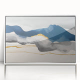 Colorful abstract wall art canvas print showcasing vibrant geometric shapes and swirls in shades of blue, orange, and yellow, perfect for modern decor.