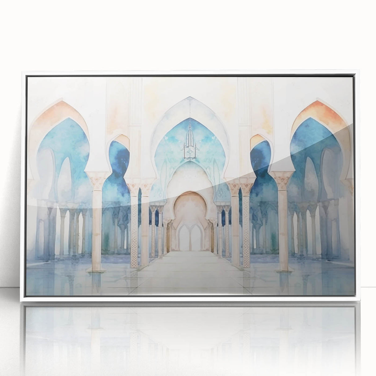 Large art print of a mid-century modernist cityscape in muted gray and blue tones on canvas.