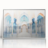 Large art print of a mid-century modernist cityscape in muted gray and blue tones on canvas.