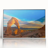 Large art print of a mid-century modernist cityscape in muted gray and blue tones, ideal for modern art wall decor.