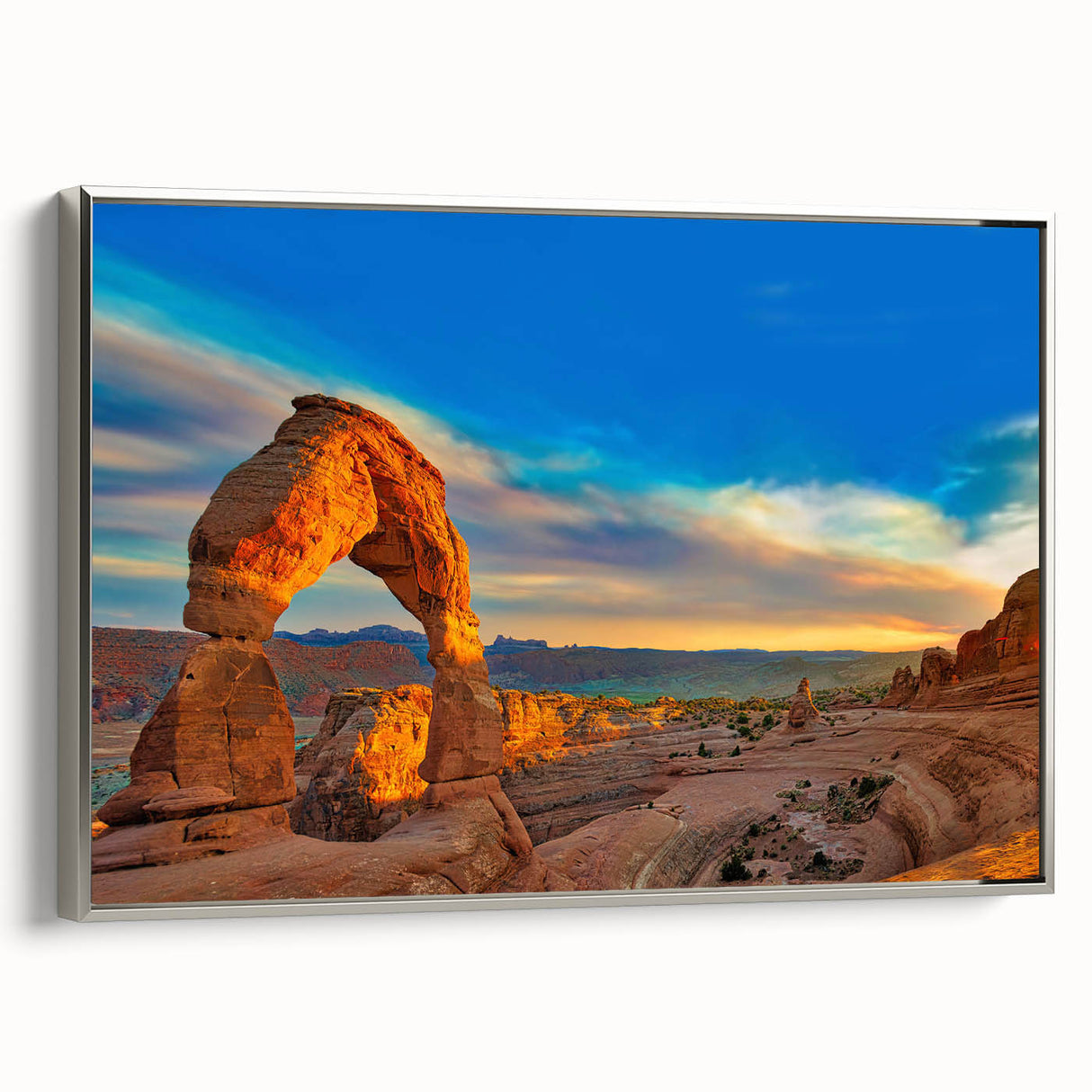 Landscape art painting featuring a vintage poster of a mountainous region in vibrant colors, ideal for living room decor.