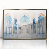 Mid-century modernist art depicting geometric shapes in muted earth tones on canvas, suitable for nursery wall art.