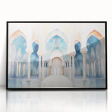 Large abstract wall art with swirling blue and gray tones on canvas, reflecting mid-century modernist style.