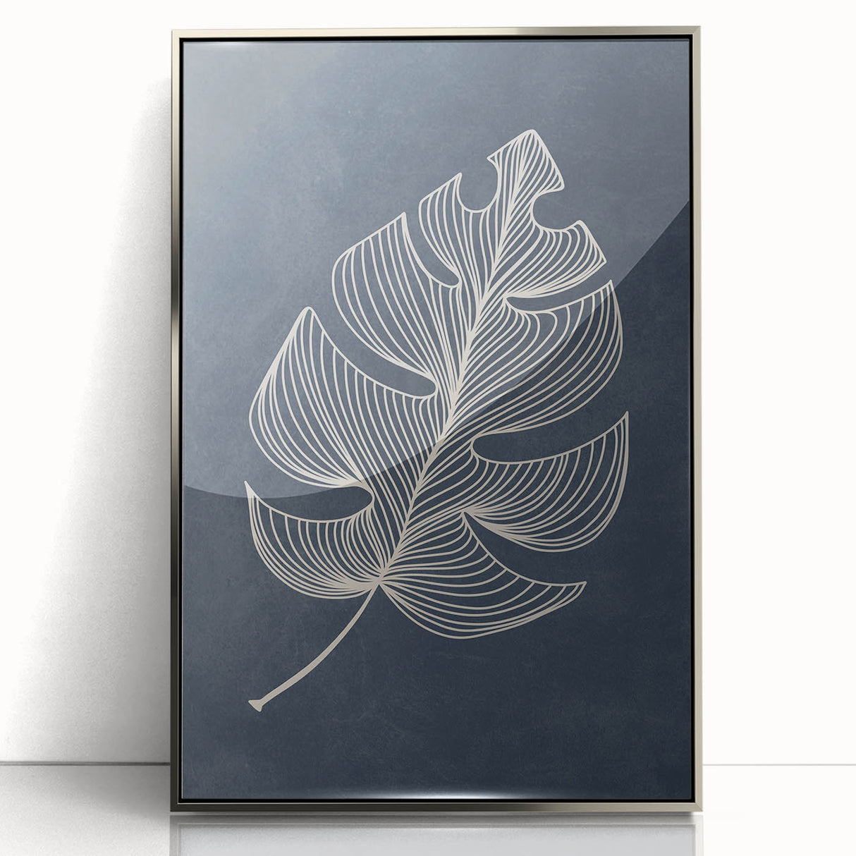 Mid Century Modern Art - Minimalist Geometric Leaf Decor on Dark Blue