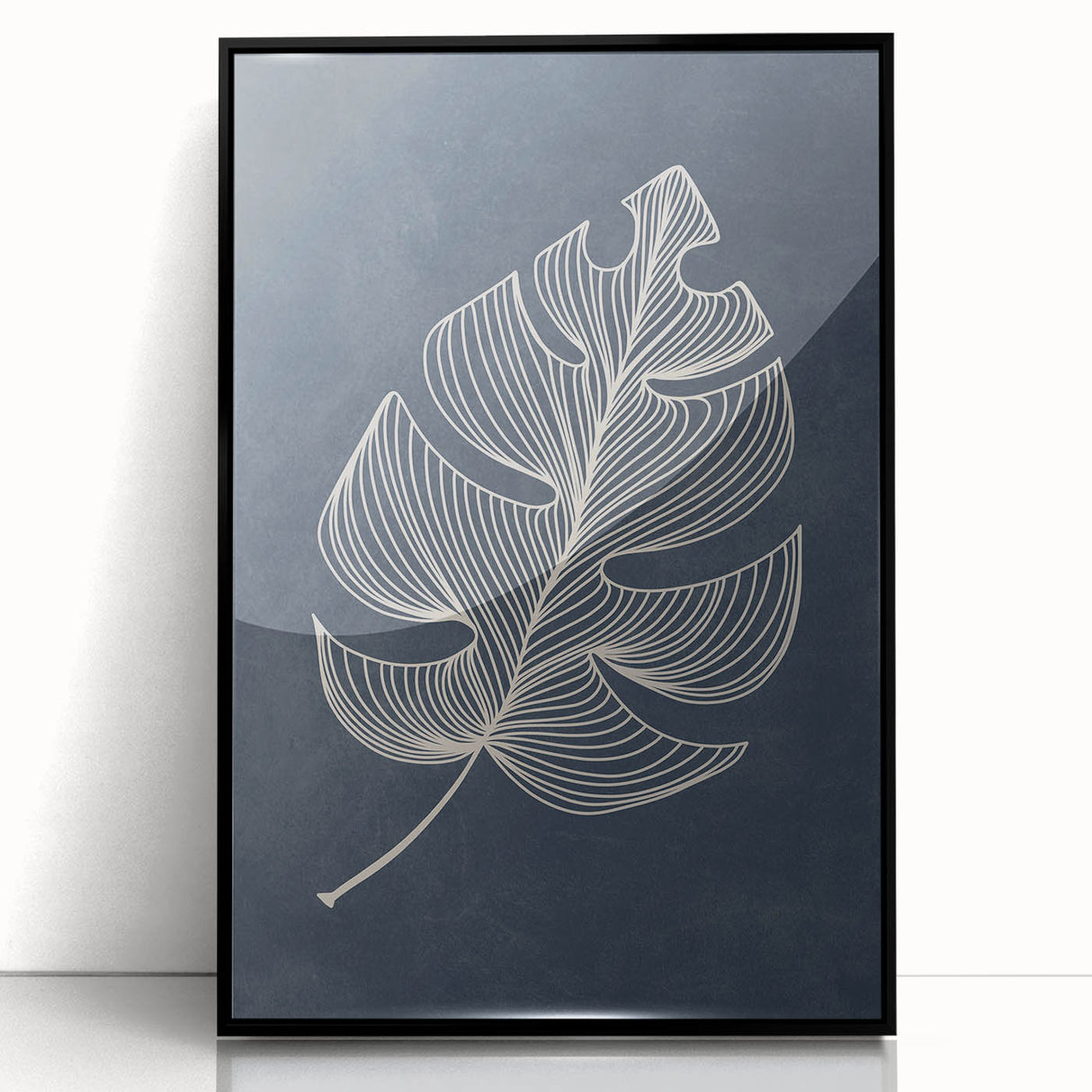 Mid Century Modern Art - Minimalist Geometric Leaf Decor on Dark Blue