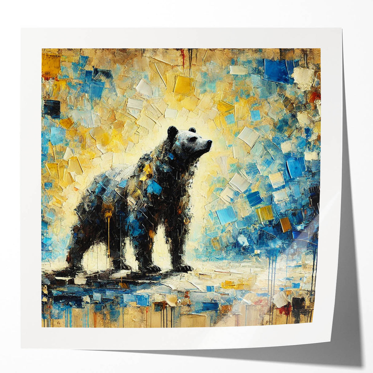 Full-body abstract oil painting of a standing bear with vibrant colors, showcasing dynamic brush strokes and textured details to enhance visual appeal.