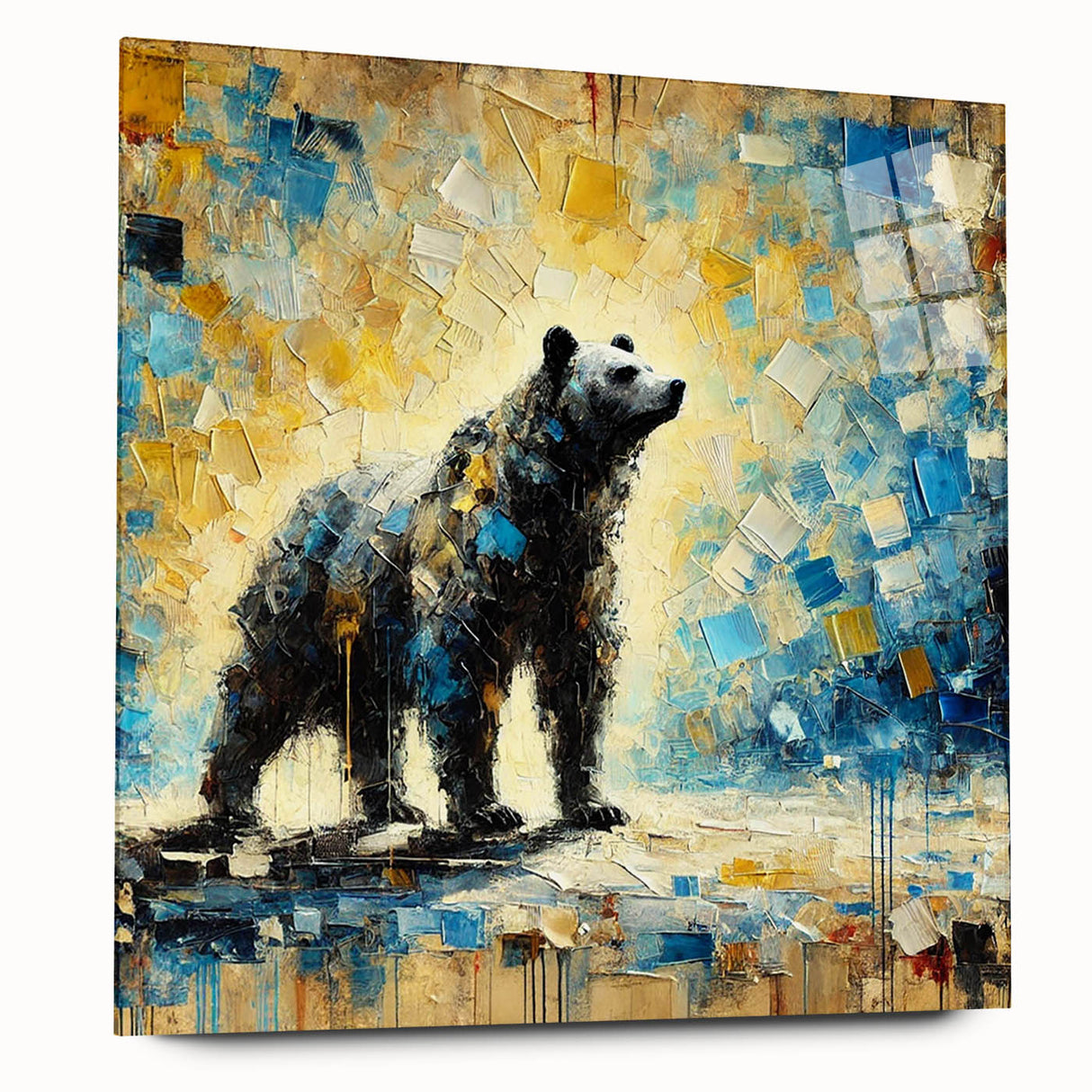 Full-body abstract oil painting of a standing bear, displayed in a side view with vibrant colors and intricate brushwork, ideal for modern home decor.