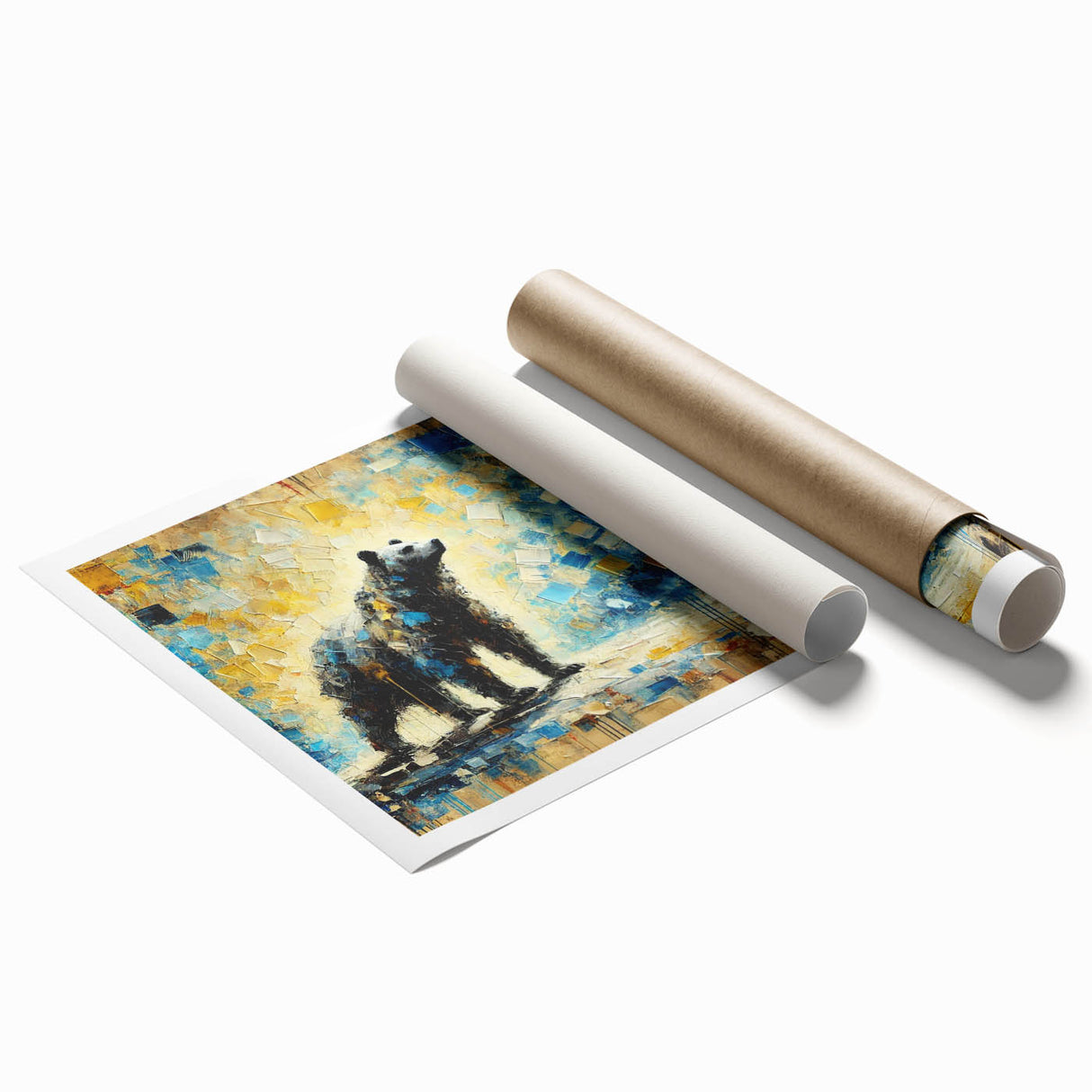 Full-body abstract oil painting of a bear standing in a vibrant forest, showcasing bold colors and dynamic brush strokes, perfect for wildlife art enthusiasts.