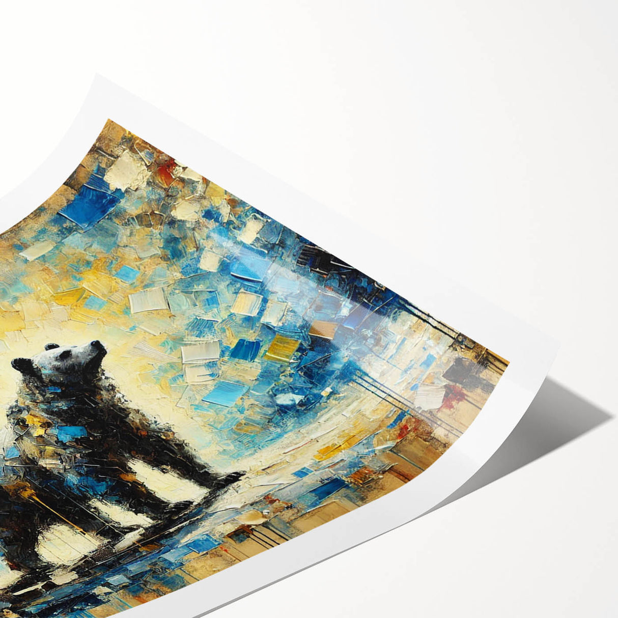 Abstract oil painting of a bear standing, showcasing vibrant colors and dynamic brushstrokes, ideal for adding a modern artistic touch to any space.