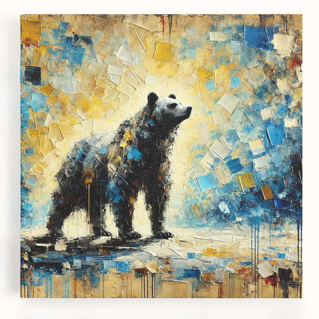 Full-body abstract oil painting of a bear standing on a vibrant, textured canvas with bold colors and expressive brushstrokes, ideal for contemporary art lovers.