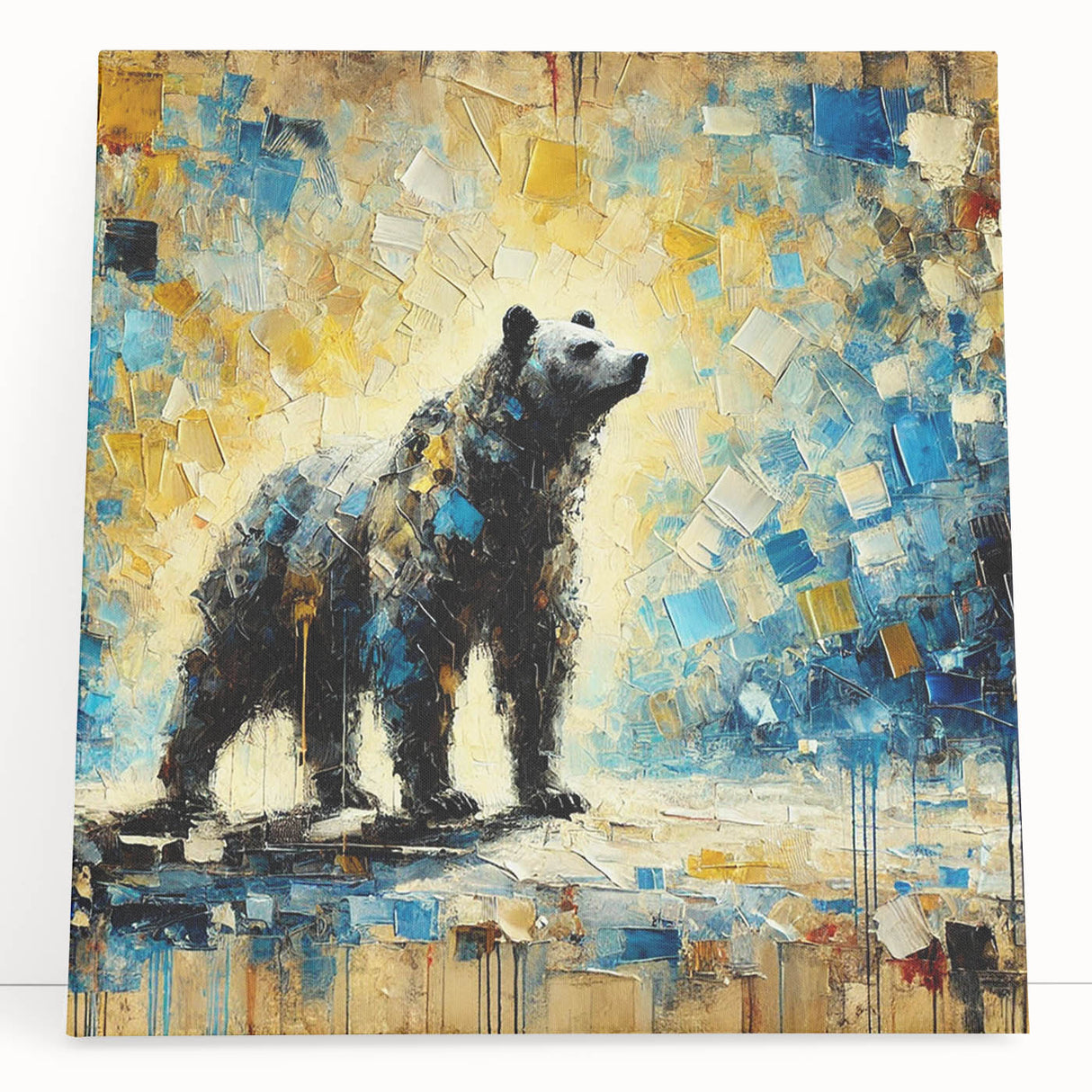 Abstract oil painting of a standing bear on stretched canvas, showcasing vibrant colors and textured brush strokes, ideal for modern wildlife decor.