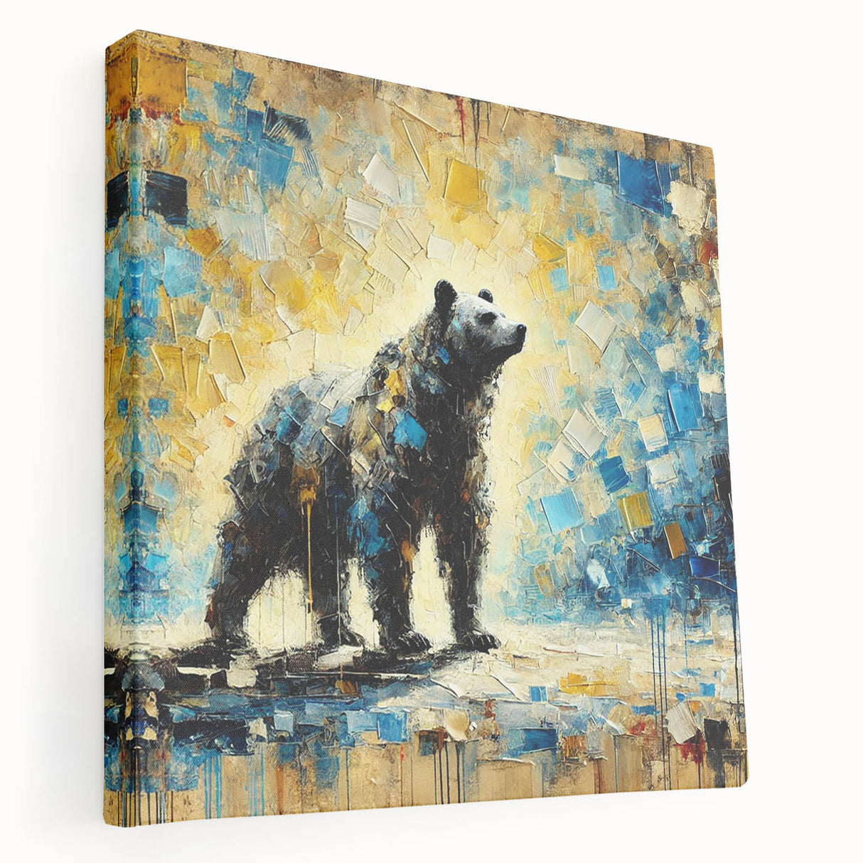 Abstract oil painting of a standing bear on stretched canvas, showcasing vibrant colors and dynamic brush strokes in a side view, perfect for modern home decor.