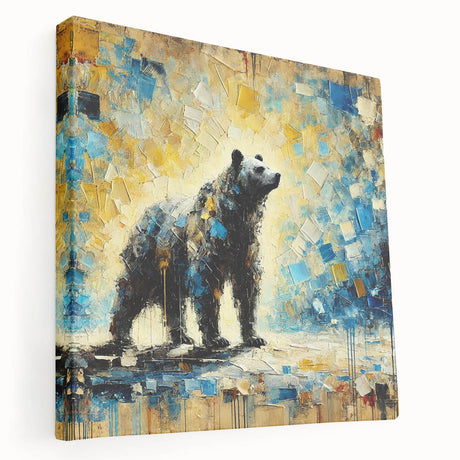 Abstract oil painting of a standing bear on stretched canvas, showcasing vibrant colors and dynamic brush strokes in a side view, perfect for modern home decor.