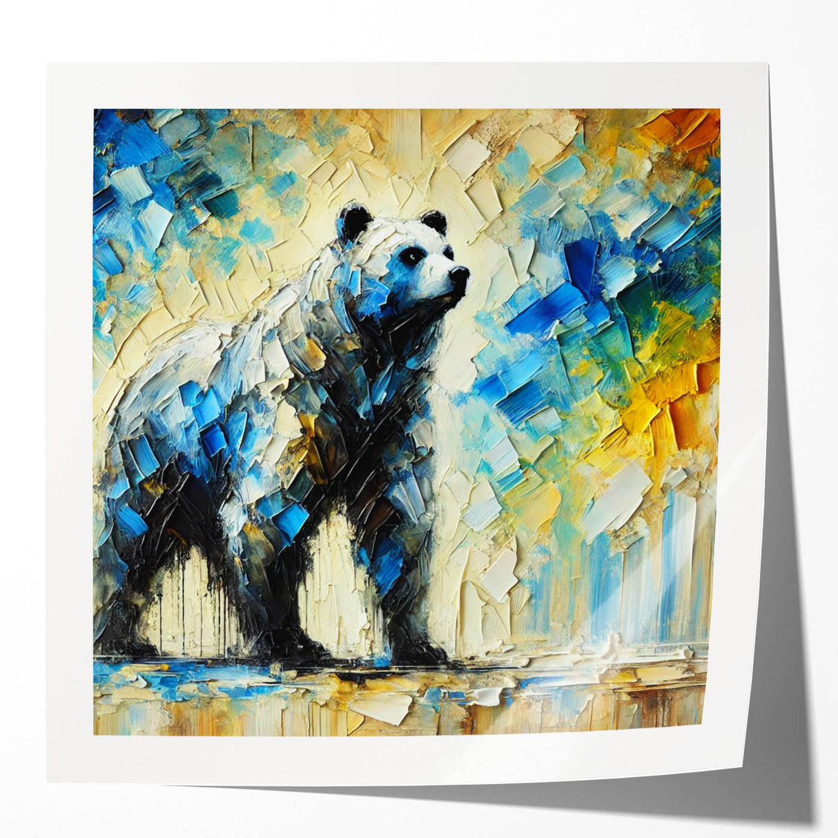 Full-body abstract oil painting of a colorful bear, showcasing vibrant brush strokes and textures, ideal for home decor or art enthusiasts.