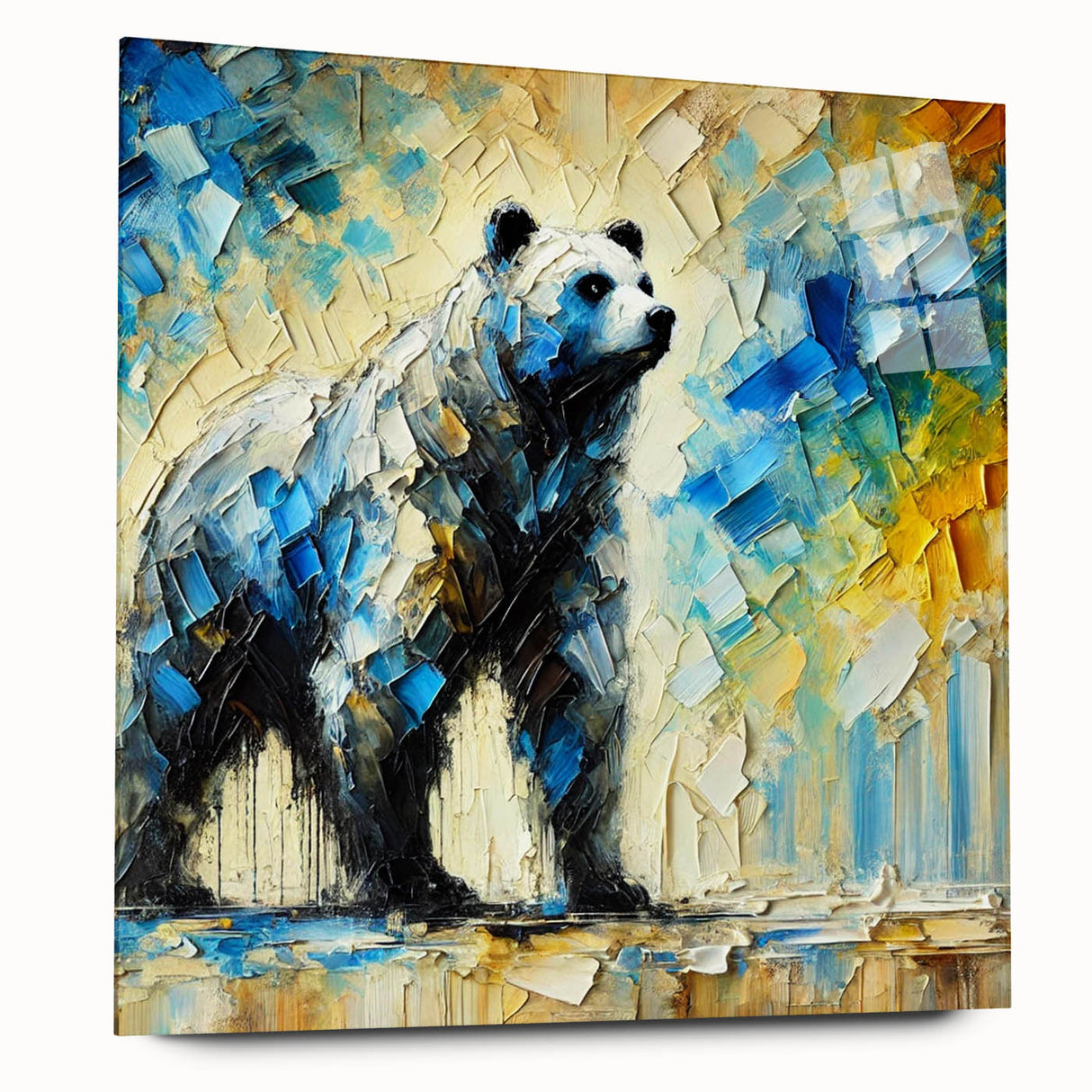 Full-body abstract oil painting of a bear, showcasing vibrant colors and dynamic brush strokes, displayed in a sleek acrylic glass frame for a modern touch.