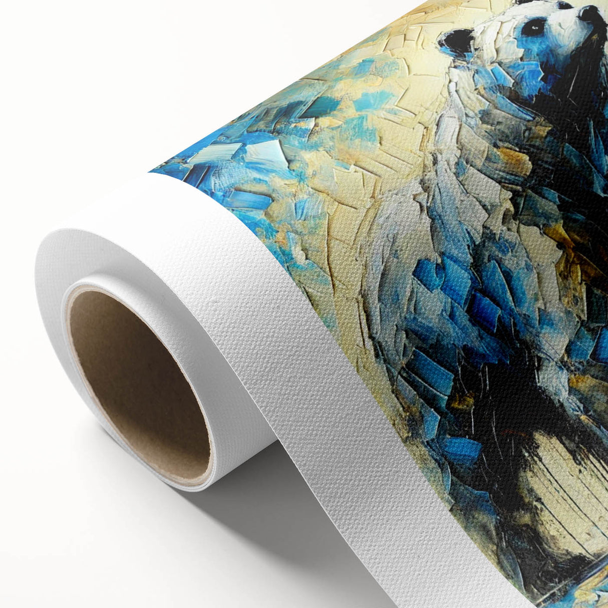 Abstract oil painting of a bear on rolled canvas, showcasing vibrant colors and dynamic brush strokes, perfect for modern home decor and wildlife art enthusiasts.