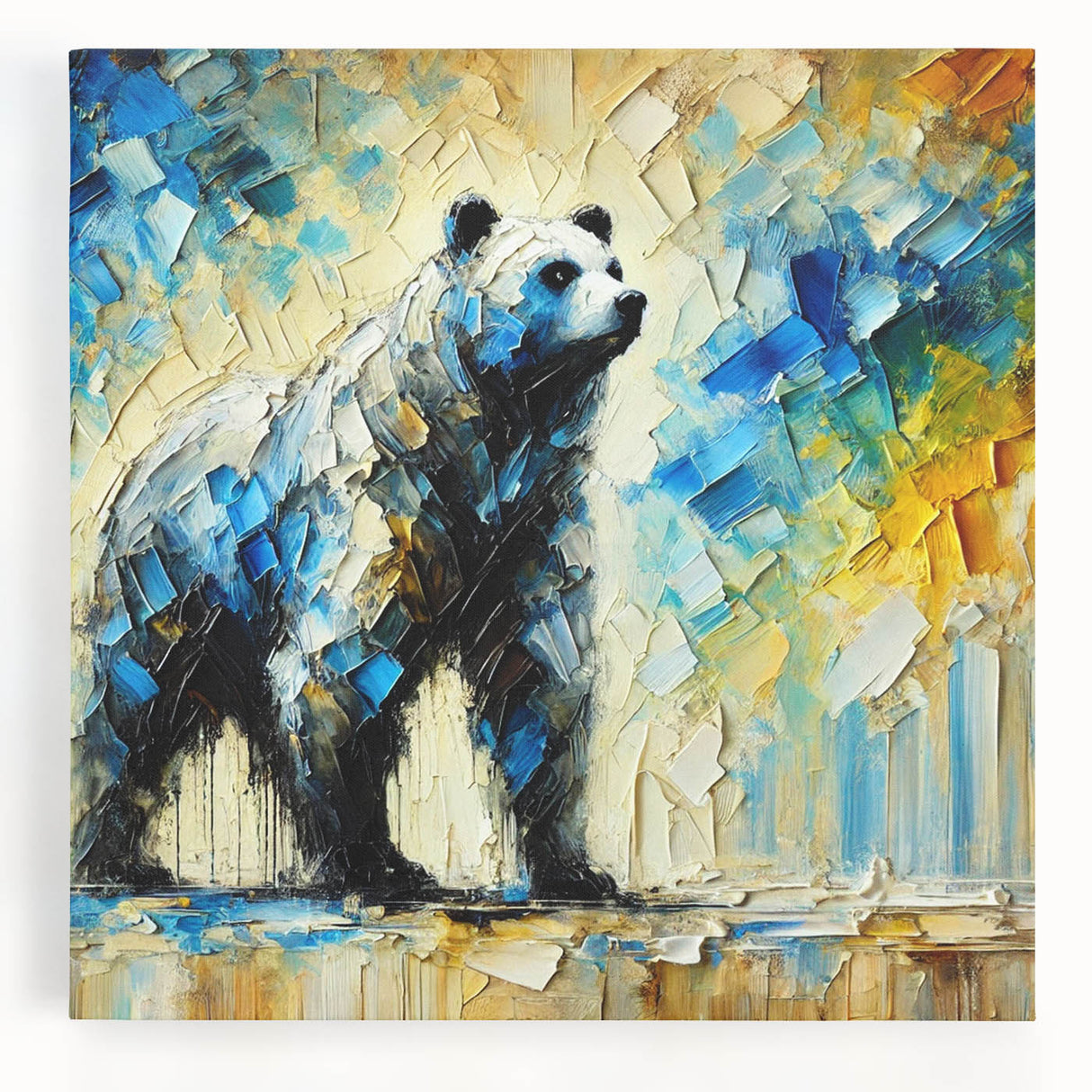 Full-body abstract oil painting of a bear on stretched canvas, showcasing vibrant colors and dynamic brush strokes, ideal for modern home decor.