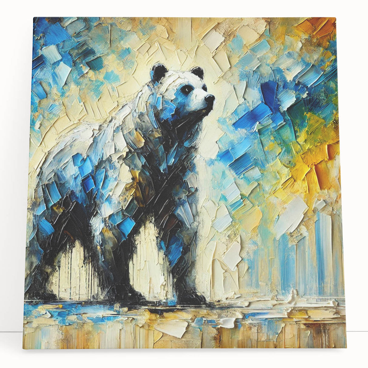 Abstract oil painting of a bear in vibrant colors, displayed on a stretched canvas, showcasing intricate brushwork and textures, perfect for modern decor.