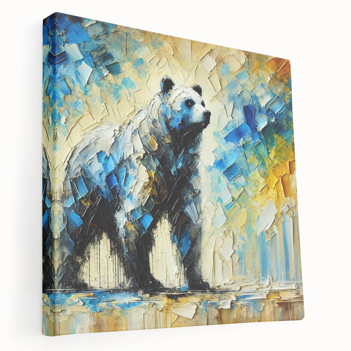 Full-body abstract oil painting of a bear in a side view, showcasing vibrant colors and bold brush strokes on stretched canvas, perfect for modern decor.