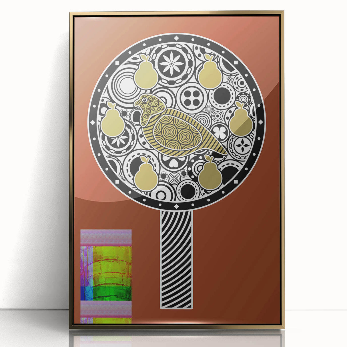 Framed acrylic artwork showcasing a vibrant gold abstract design, prominently displayed in a sleek black frame, ideal for modern home decor and artistic enhancement.
