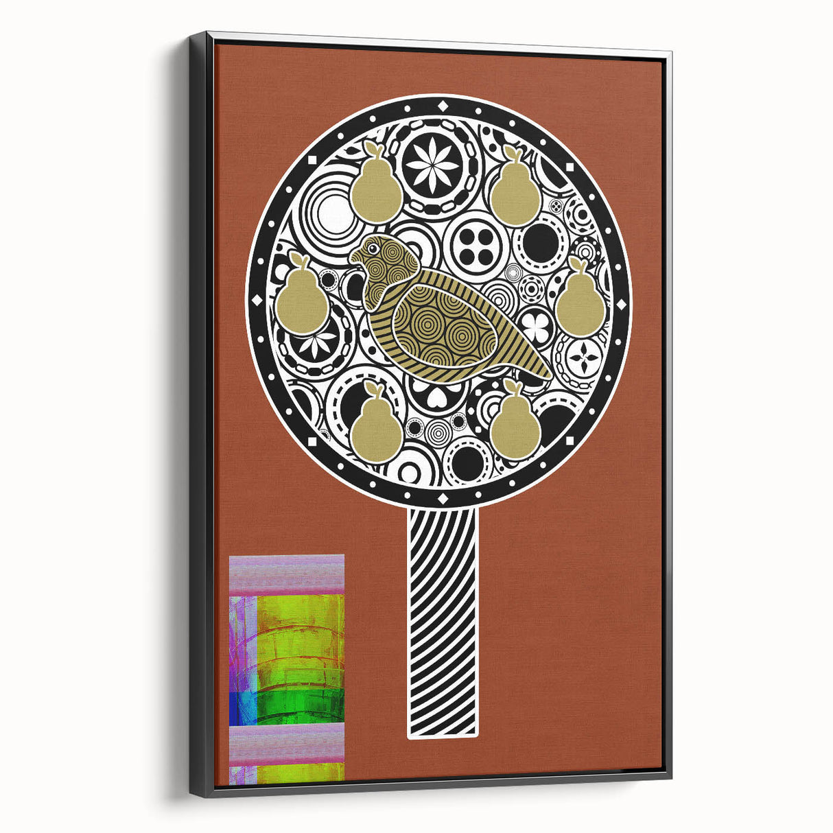 Framed canvas artwork showcasing a vibrant abstract design in bold colors, displayed in a sleek black frame, ideal for modern home decor accents.