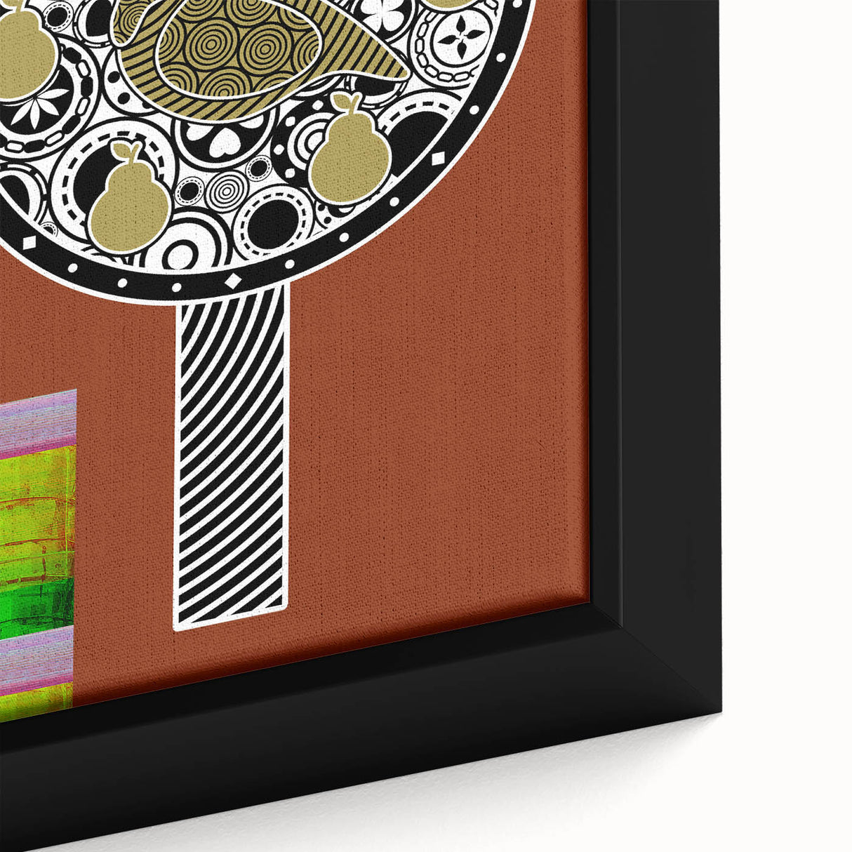 Close-up of a framed canvas showcasing vibrant African wall art with intricate tribal patterns and rich colors, ideal for enhancing home decor.