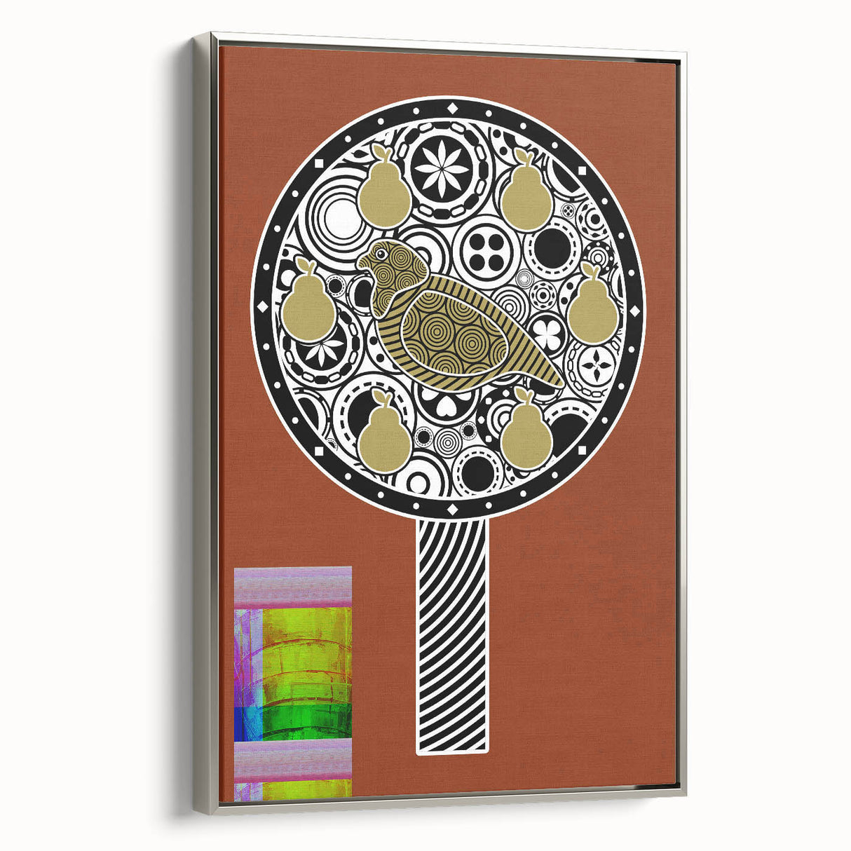 Framed canvas artwork showcasing a serene landscape with vibrant colors and intricate details, presented from a side view to highlight the silver frame's elegance. Ideal for home decor and art enthusiasts seeking a captivating focal point.
