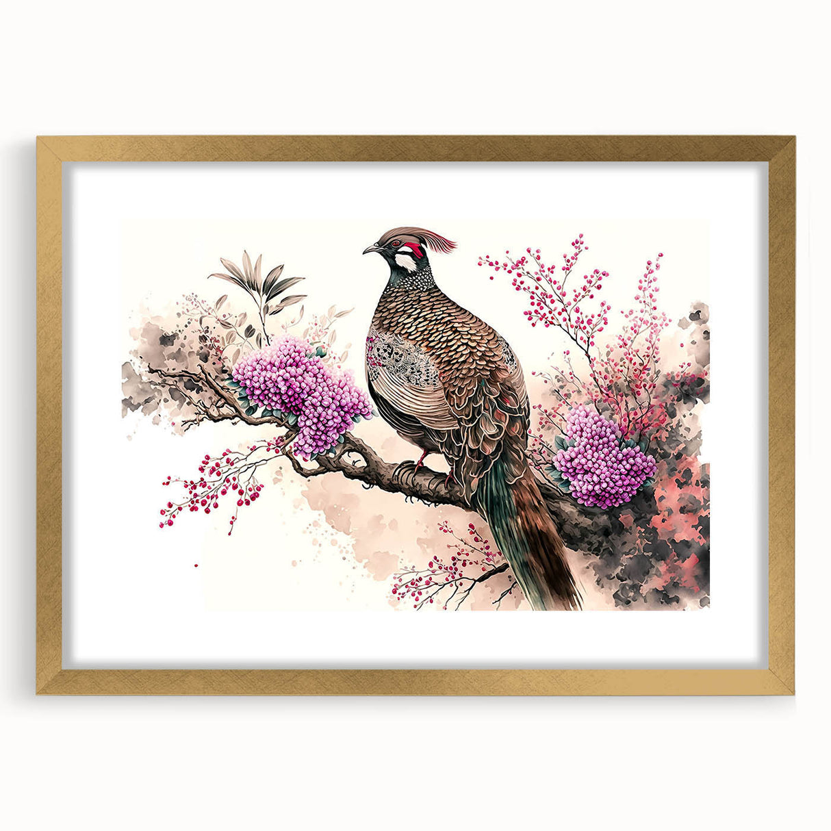 Elegant gold-framed artwork featuring a vibrant floral design, showcased from the front view with a white mat for added contrast, perfect for home decor.