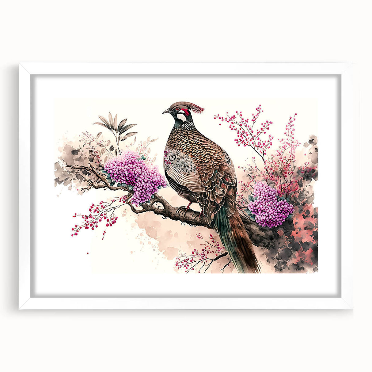 Elegant white-framed artwork displaying a colorful abstract painting with a mat, ideal for modern home decor, showcasing vibrant hues and intricate details.