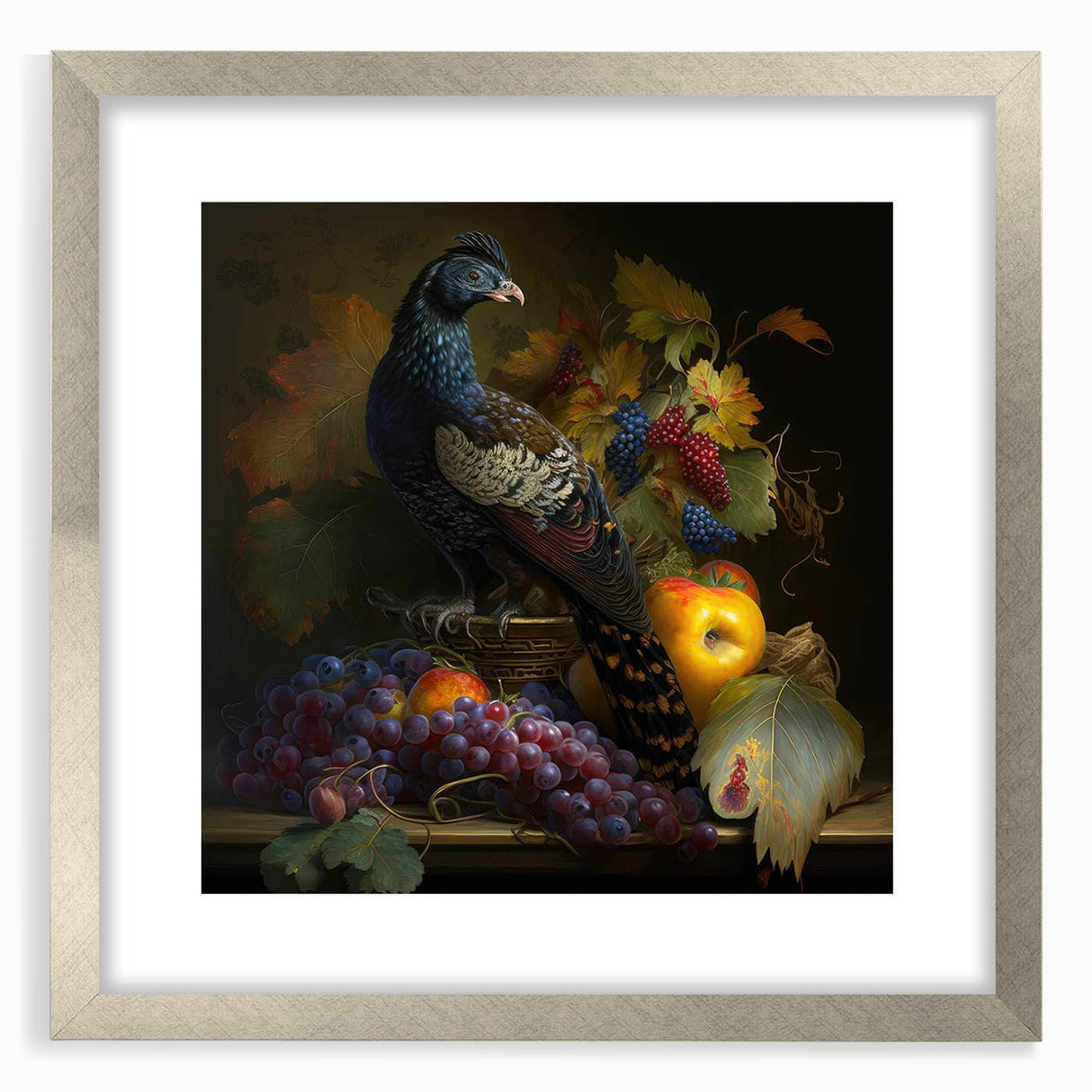 Elegant silver frame with mat showcasing a vibrant art print, viewed from the front, perfect for enhancing home decor or art display. Ideal for showcasing artwork or photographs in a stylish setting.