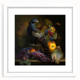 White picture frame with a mat and a vibrant landscape artwork displayed inside, showcasing a colorful sunset over a serene lake, ideal for home decor.