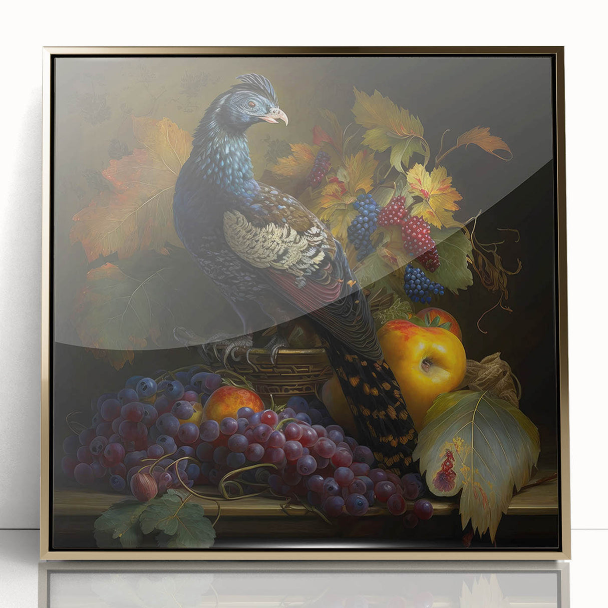 Framed acrylic print featuring a stunning gold abstract design, showcasing intricate details and vibrant reflections, perfect for modern home decor.