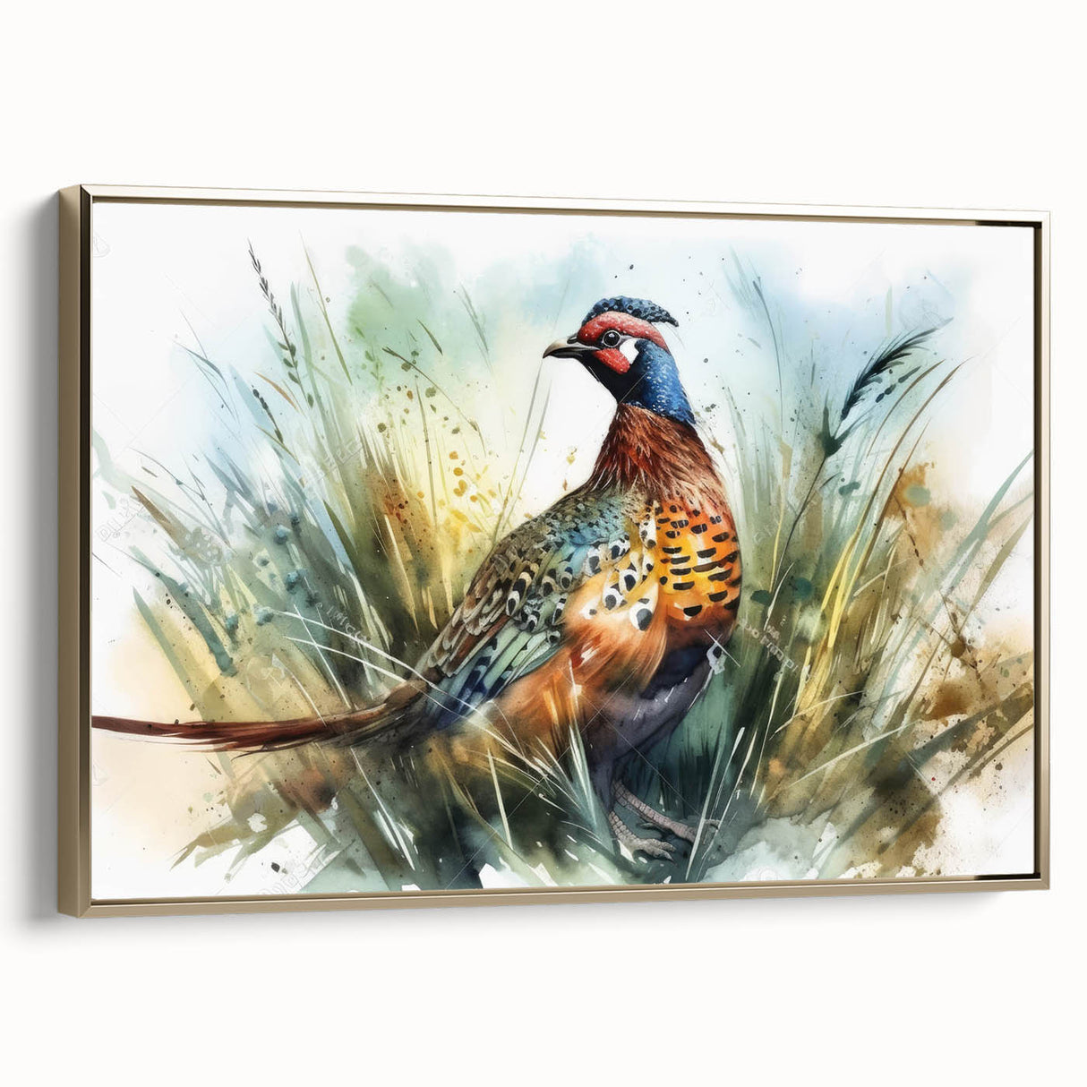 Framed canvas artwork showcasing a vibrant abstract design with gold accents, viewed from the side. Ideal for modern home decor, adding elegance to any space.