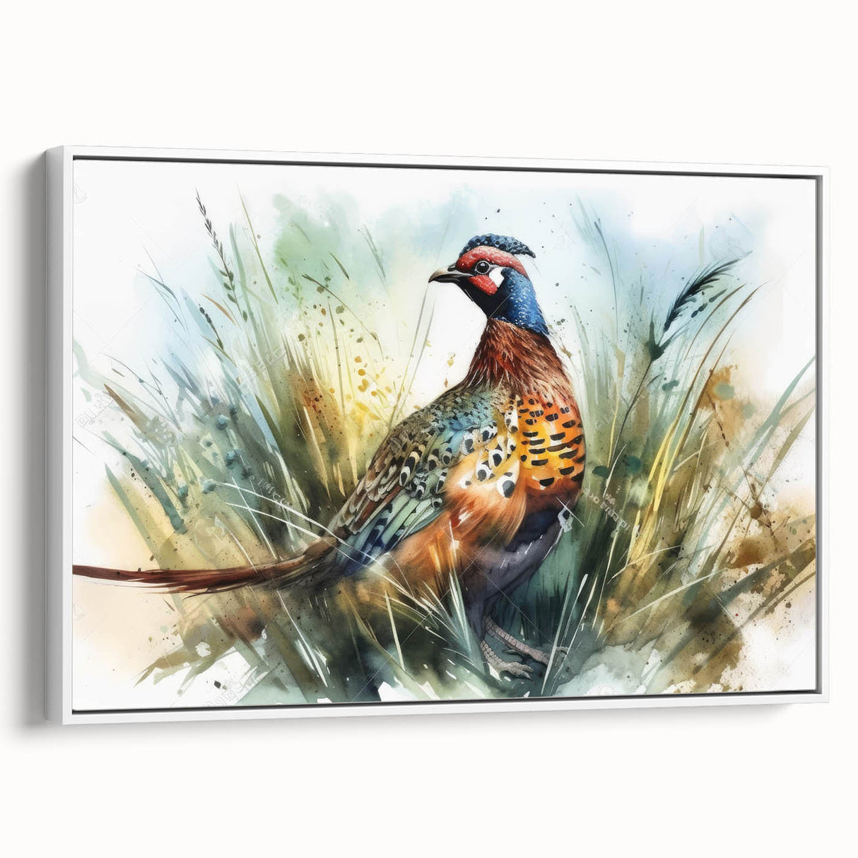 Framed canvas print showcasing a vibrant abstract design with dynamic colors, viewed from the side against a white background, ideal for modern home decor.