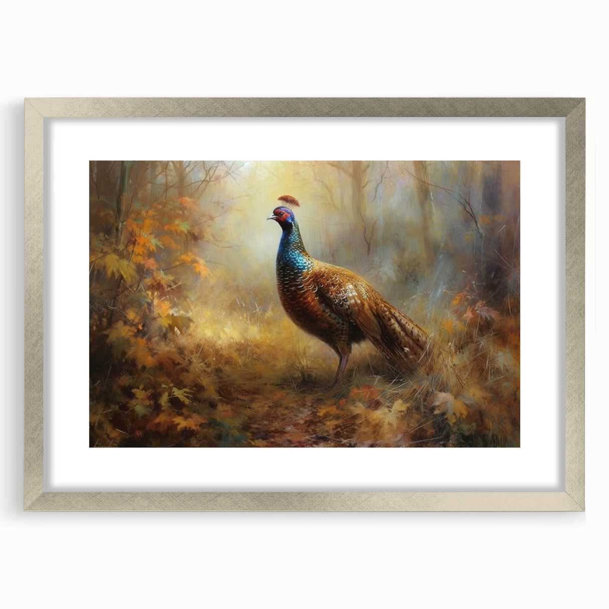 Elegant silver picture frame with a white mat, showcasing a vibrant art print. The frame's sleek design complements modern decor, enhancing any room's aesthetic appeal. Perfect for displaying cherished memories or artwork.