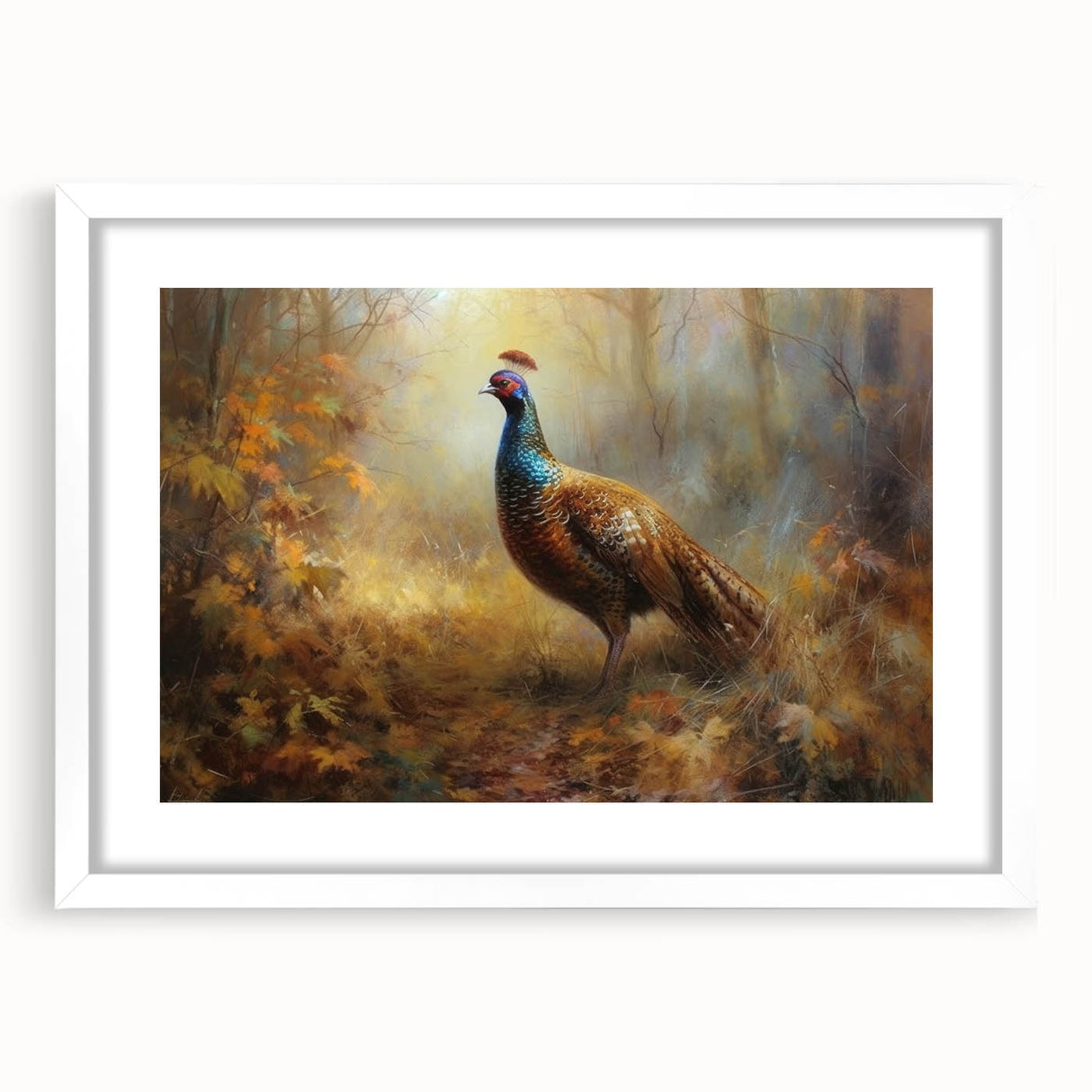 Framed artwork featuring a colorful abstract painting in a white mat and frame, positioned against a neutral background, ideal for home decor.