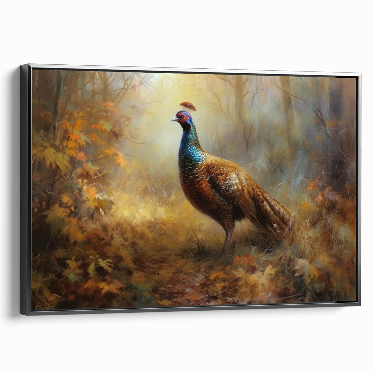 Framed canvas artwork showcasing a vibrant sunset landscape with bold colors, viewed from the side. Perfect for home decor or office spaces, enhancing aesthetic appeal.