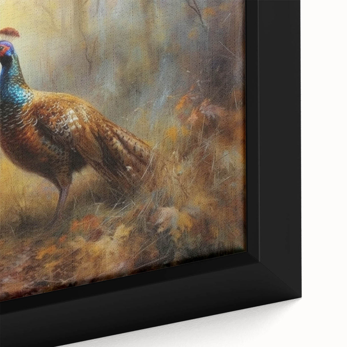 Framed canvas close-up showcasing vibrant abstract art with bold colors, ideal for modern home decor, emphasizing intricate textures and artistic depth.
