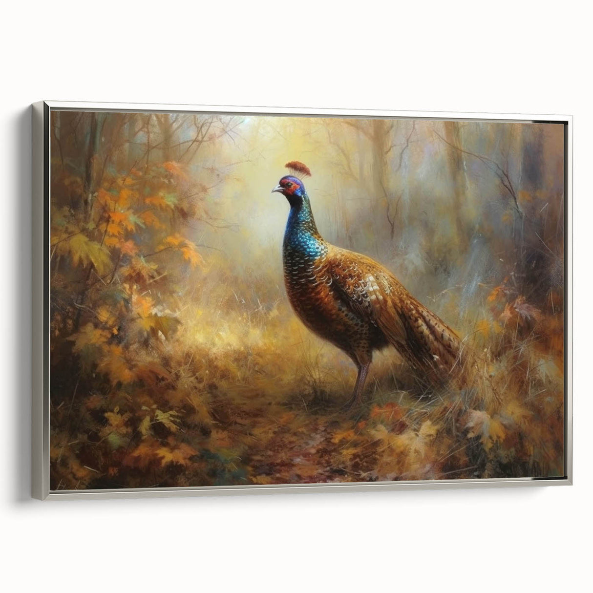 Framed canvas art showcasing a serene landscape with vibrant colors and intricate details, presented in a sleek silver frame, ideal for home decor enhancement.