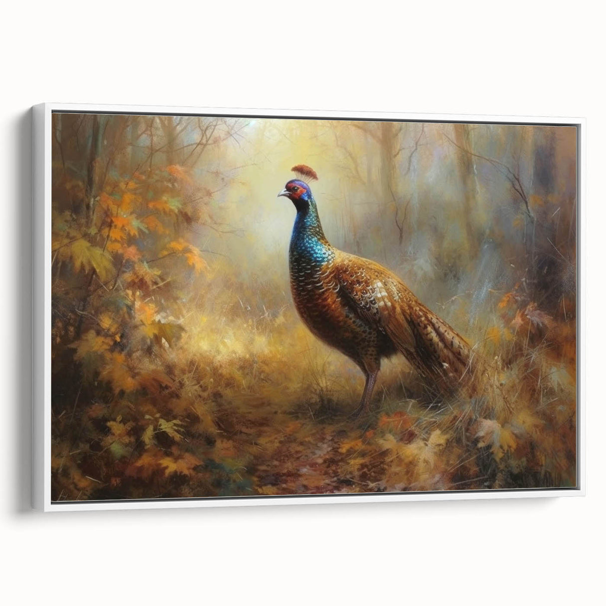 Framed canvas artwork depicting a serene landscape with vibrant colors and intricate details, showcasing a white frame from a side view, perfect for home decor.