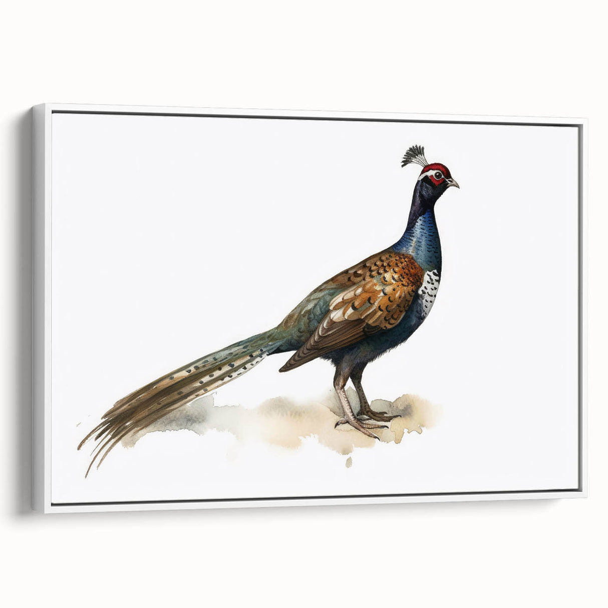 Framed white side view of a canvas print showcasing a serene landscape design with vibrant colors, ideal for home decor and artistic enhancement.