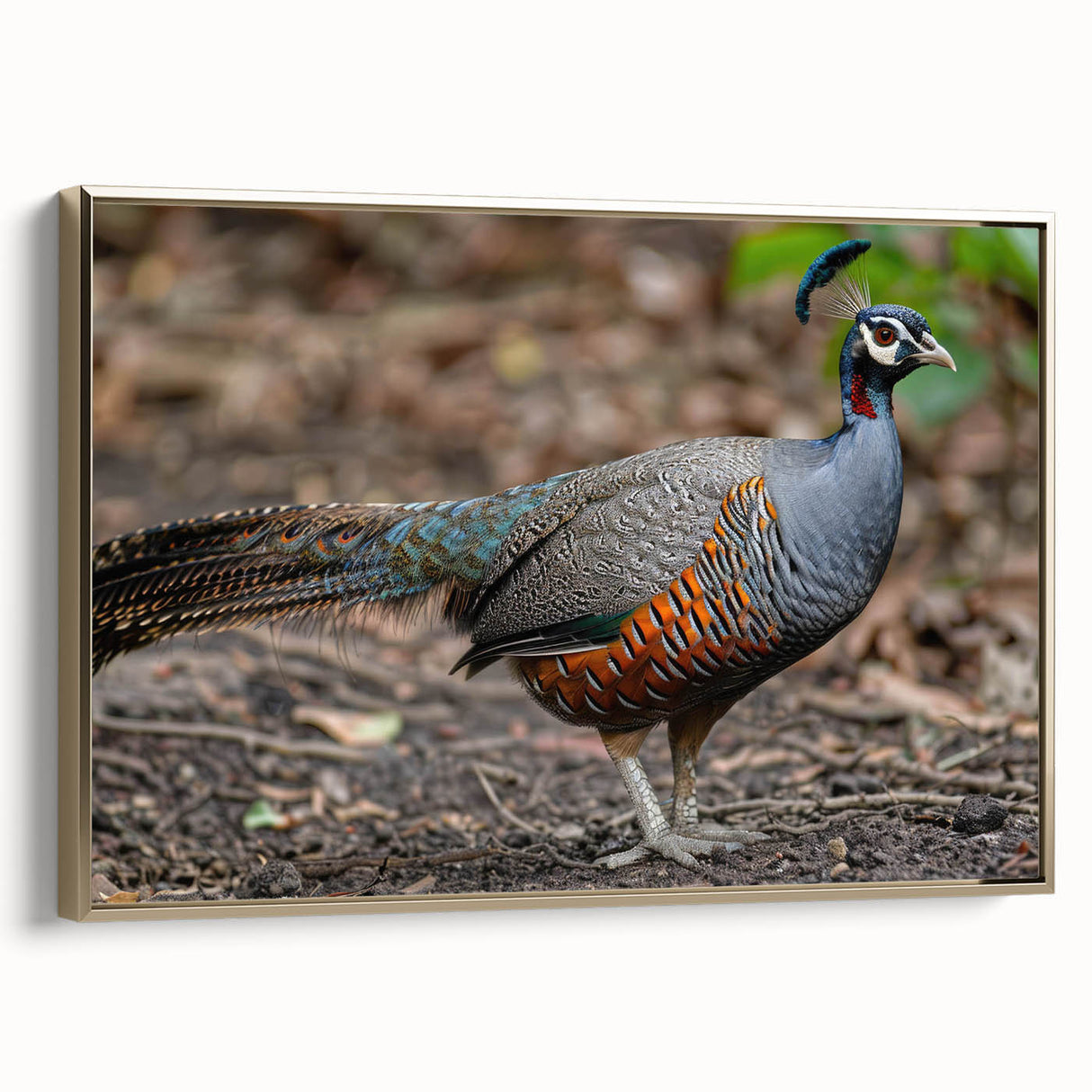 Framed canvas wall art showcasing an elegant gold frame and a vibrant landscape design, viewed from the side. Ideal for home decor or office settings.