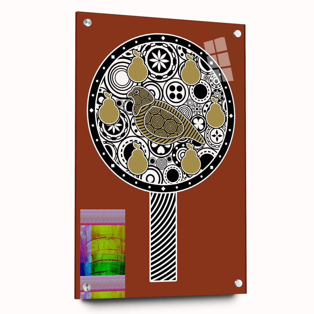 Acrylic glass panel showcasing a sleek side view with metal pins, ideal for modern decor. The clear finish highlights vibrant colors and sharp details, perfect for art display.