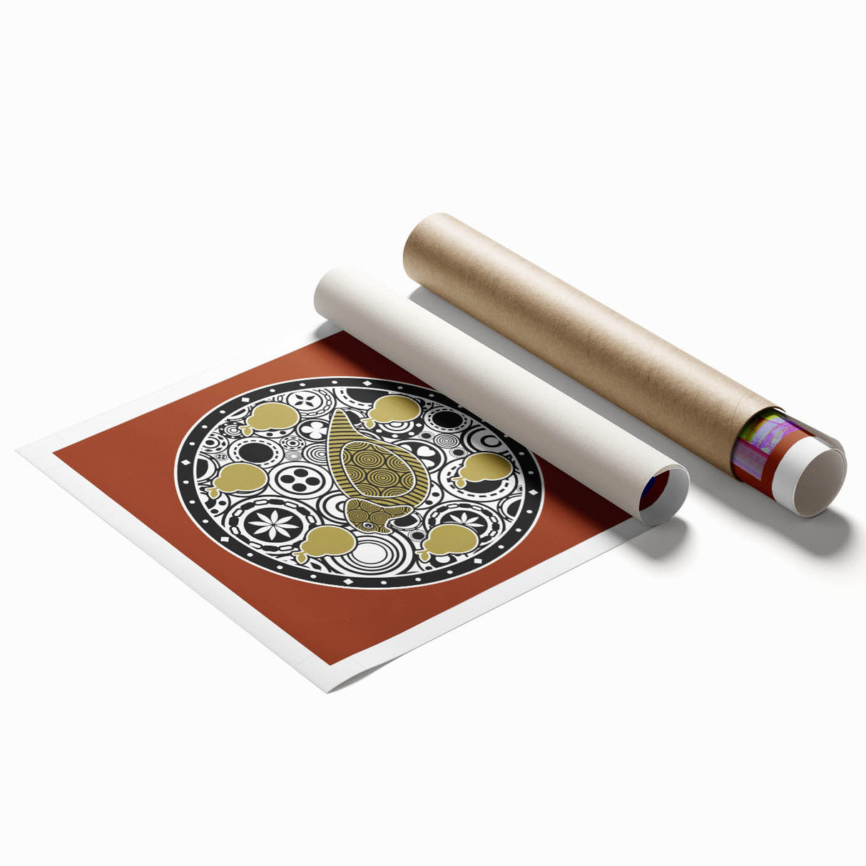 Rolled canvas print showcasing vibrant African wall art with intricate tribal patterns, neatly stored in a protective cardboard tube for safe transport.