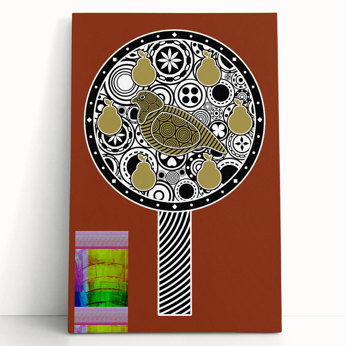 Stretched canvas artwork depicting a vibrant landscape scene with rich colors, leaning against a textured wall, ideal for home decor inspiration.